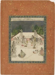 Due donne sedute su una terrazza, circondate da attendenti e musicisti, c.1650