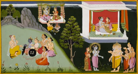 Il matrimonio di Uma e Siva, mentre gli dei, guidati da Brahma, cercano da Siva un figlio che li protegga.