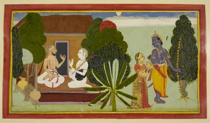 Valmiki e Narada conversano a sinistra, mentre Rama e Sita sono a destra.