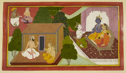 Valmiki insegna a Kusha e Lava, mentre Rama e Sita vengono consigliati da un messaggero