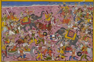 Viṣṇu combatte i demoni; Mali cade, trafitto da una lancia
