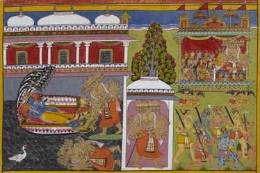 Viṣṇu riposa con Lakshmi mentre Rāvaṇa cade, poi rapisce le donne con il suo carro.