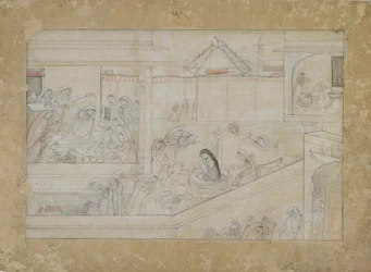 Preparativi per il matrimonio da una serie Naishadhicharita, Guler, Colline del Punjab, 1775-1800