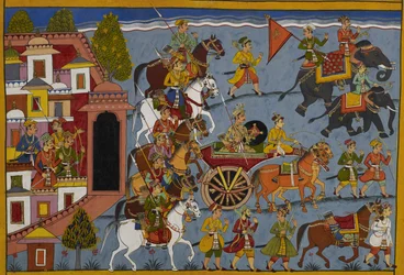 Śatrughna lascia Ayodhya per tornare nel suo regno, con i suoi assistenti.