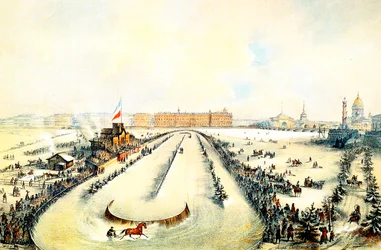 Corse di cavalli sul fiume Neva ghiacciato a San Pietroburgo, Russia, 1859