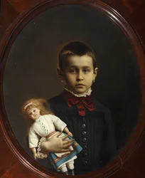 Ritratto di una ragazza con bambola in mano di Volkov, Iosif Petrovich (1854-dopo il 1897). Olio su tela