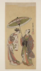 Attori Ichikawa Yaoz? II come Soga no J?r? e Segawa Kikunoj? II come ?iso no Tora (stampa xilografica a colori)
