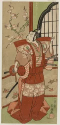 Onoe Kikugorō I come Izumi no Saburō nella commedia Fiocchi di neve: Fiori di prugna Kaomise