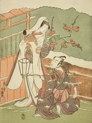 Gli attori Arashi Sangoro II come Minamoto no Yoritomo travestito da fabbricante di cappelli