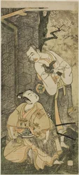 Gli attori Nakamura Utaemon I come Seigen (destra), e Ichikawa Komazo II come Shimizu Tonoinosuke Kiyoharu (sinistra), nella commedia Soga Moyo Aigo no Wakamatsu, rappresentata al Teatro Nakamura nel terzo mese, 1769