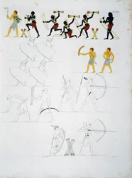 Scene militari, soldati con archi e frecce, dalle tombe di Beni Hasan, Tavola CXVIII, dai monumenti d