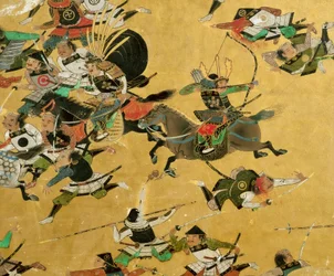 Schermo antico dei Samurai che raffigura la caduta del castello di Osaka nel 1615, esposto al..., 2005