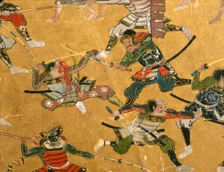 Pannelli dettagliati che raffigurano la Battaglia di Osaka e altre scene di battaglia, Museo del Castello di Osaka, 2005 (foto)