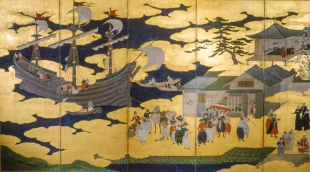 Samurai - Pannello pieghevole di Namban Byobus - Barbari del Sud - Una nave portoghese entra in un porto giapponese, 2005 (foto)