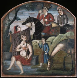 Khusraw scopre Shirin che fa il bagno. Dal ciclo pittorico di otto soggetti poetici, metà del 18° secolo