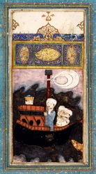Nave mercantile attaccata dai pirati. Da Aina-i Iskandari Specchio di Alessandro Magno di Amir Khusr
