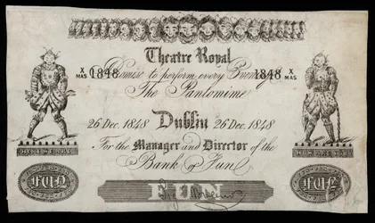 Pubblicità per una pantomima al Theatre Royal, Dublino, basata su una banconota della Bank of Ireland