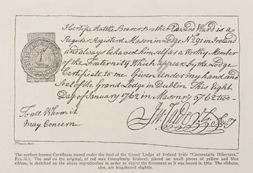 Facsimile del più antico certificato conosciuto emesso sotto il sigillo della Gran Loggia d