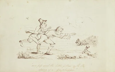 Pop saltò il piccolo con la molla di una cavalletta, illustrazione di un libro che mostra due irlandesi che inseguono un leprechaun, XIX secolo