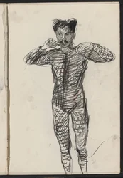 Uomo in piedi in costume, forse un artista