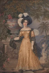 Lady Rowe, in piedi a figura intera su una terrazza, con un paesaggio giamaicano al chiaro di luna sullo sfondo