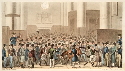 Tori e orsi in grande agitazione, o il pony di Billy Wright diventato membro della Borsa, da The English Spy, pub. 1824