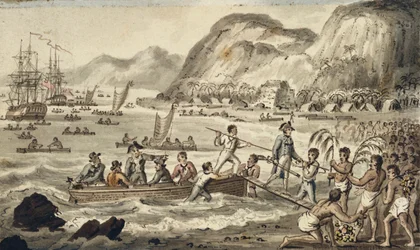 Sbarco del Capitano Cook a Owyhee, illustrazione da "I viaggi del Capitano Cook"