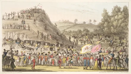 Eton Montem, e il monte, Salt Hill, da The English Spy, pub. 1824