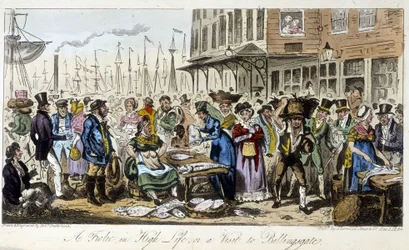 Mercato del pesce a Londra - in "The English Spy" di Charles Molloy Westmacott, disegno di Robert Cruikshank, edizione di Londra