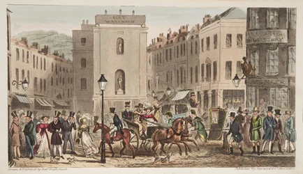 Milsom Street & Bond Street con ritratti di Bath Swells, da The English Spy, pubblicato a Londra, 1824