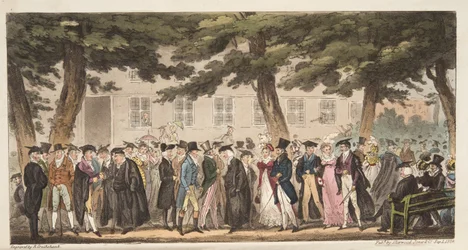 Domenica di spettacolo, una vista nel Broad Walk, Christ Church Meadows, Oxford, da The English Spy, pub. 1824