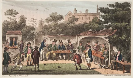 La pista da bowling, Worcester, o personaggi del club Hand and Glove, da The English Spy, pubblicato a Londra, 1824