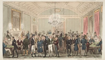 La grande sala delle sottoscrizioni a Brookes, da The English Spy, pub. 1824