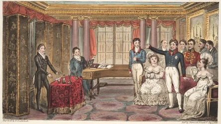 Il re a casa, o Mathews a Carlton House, da The English Spy, di Charles Westmacott, pub. 1824