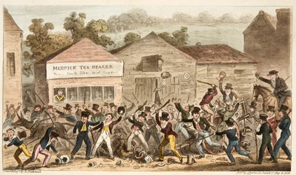 La fila della teiera a Harrow, o la battaglia di Hog Lane, da The English Spy, pub. 1824