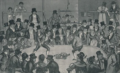 Nel recinto reale per combattimenti di galli, 1821, 1920. Artisti: Isaac Robert Cruikshank, George Cruikshank.