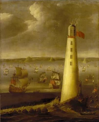 Faro di Eddystone, al largo della costa del Devon (Inghilterra). Olio su tela, circa 1708, di Isaac Sailmaker (1633-1721).