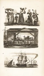 Il campanaro, un molo di Londra e una nave da carbone e chiatta da carbone