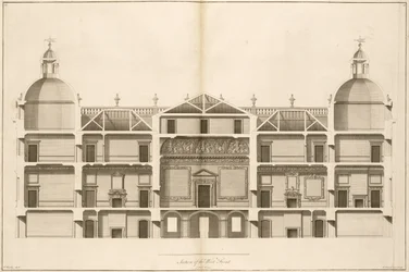 Houghton Hall: sezione del fronte ovest, inciso da Pierre Fourdrinier, 1735