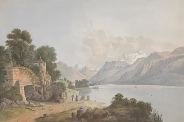 Paesaggio montuoso con lago, cancello e figure