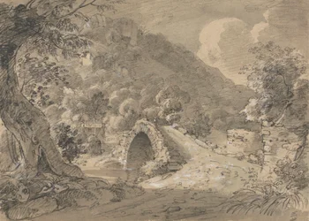 Paesaggio montuoso con ponte e casa