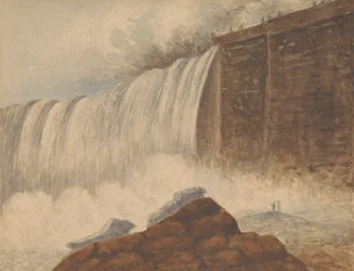 Veduta delle cascate del Niagara con due figure su una roccia in primo piano a destra