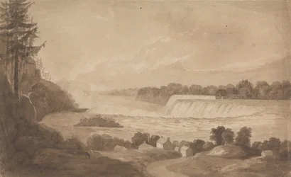 Veduta delle cascate del Niagara con le cascate sullo sfondo, a destra, e paesaggio con case in primo piano