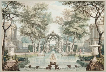 Giardino con edifici classici e una fontana