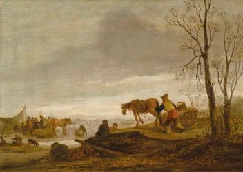 Un paesaggio invernale con figure su un fiume ghiacciato