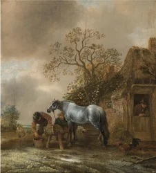 Paesaggio con contadini che danno da mangiare a un cavallo davanti a un casolare