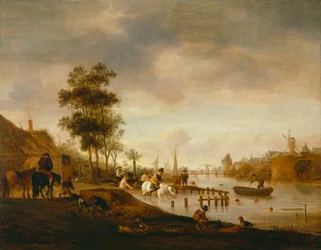 Paesaggio fluviale con nuotatori