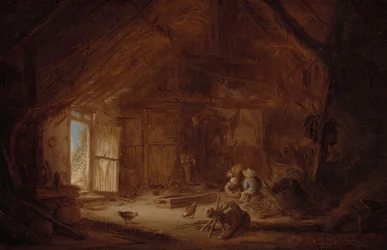 Interno di una stalla con tre bambini