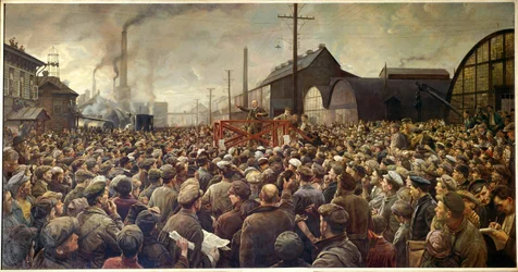 Rivoluzione russa del 1917: Lenin parla ai lavoratori della fabbrica Putilov a Pietrogrado