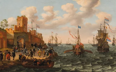 Un tre alberi olandese e una galera papale con altre navi lungo la costa di una città fortificata, c.1662